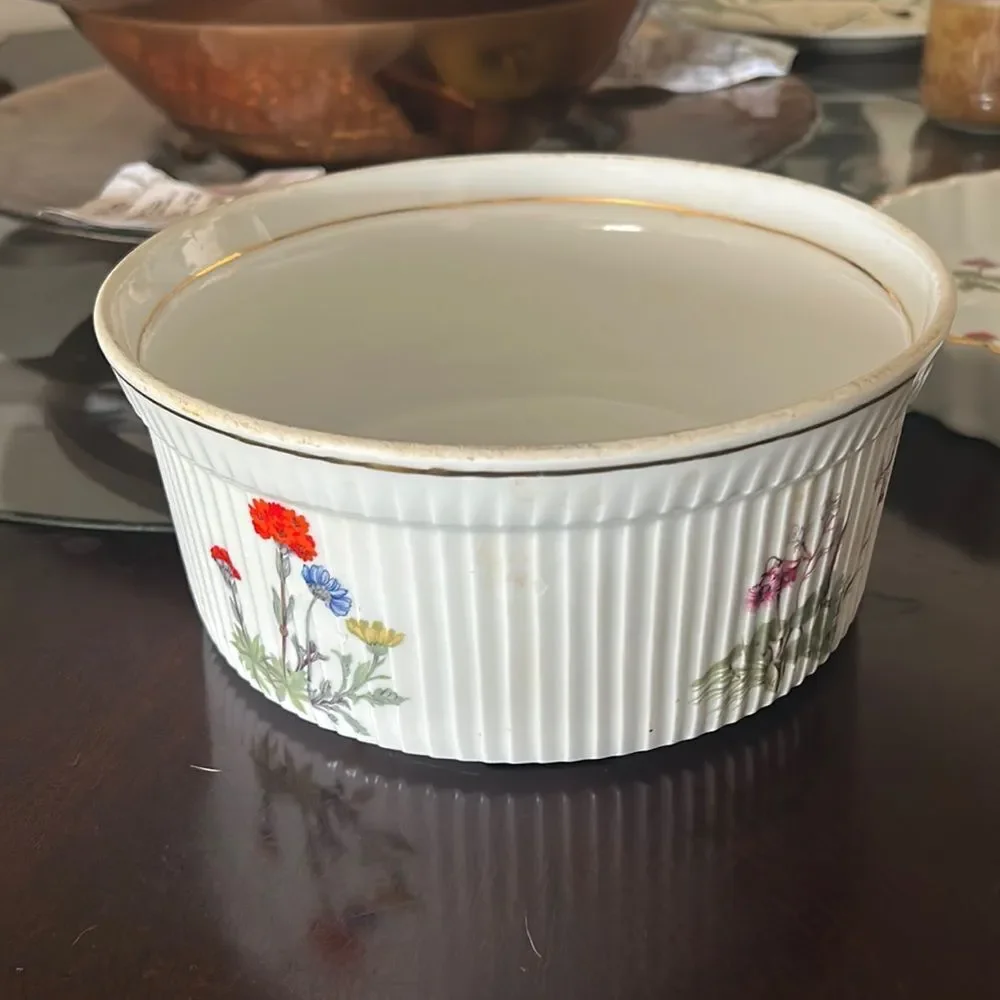 Lourioux France LE FAUNE soufle bowl wildflowers gold trim